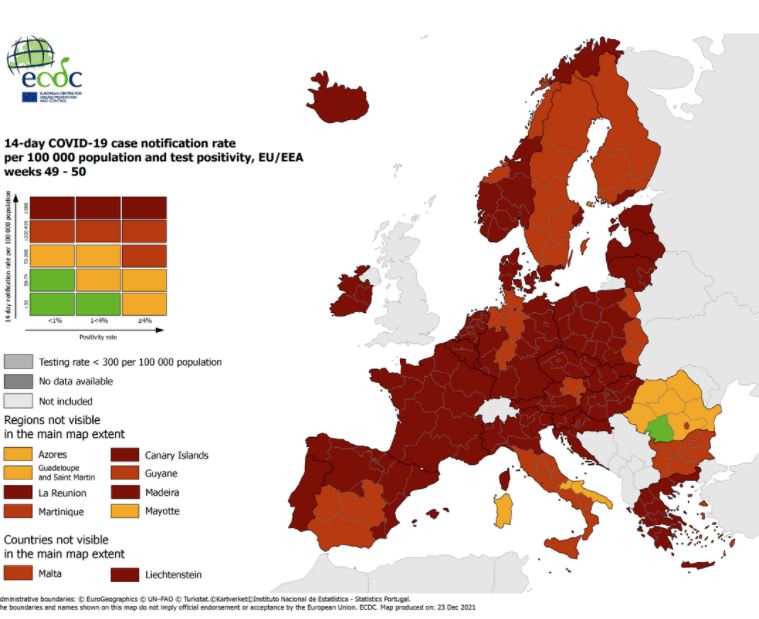 ECDC:  Στο «βαθύ κόκκινο» για δεύτερη συνεχόμενη εβδομάδα ολόκληρη η Ελλάδα