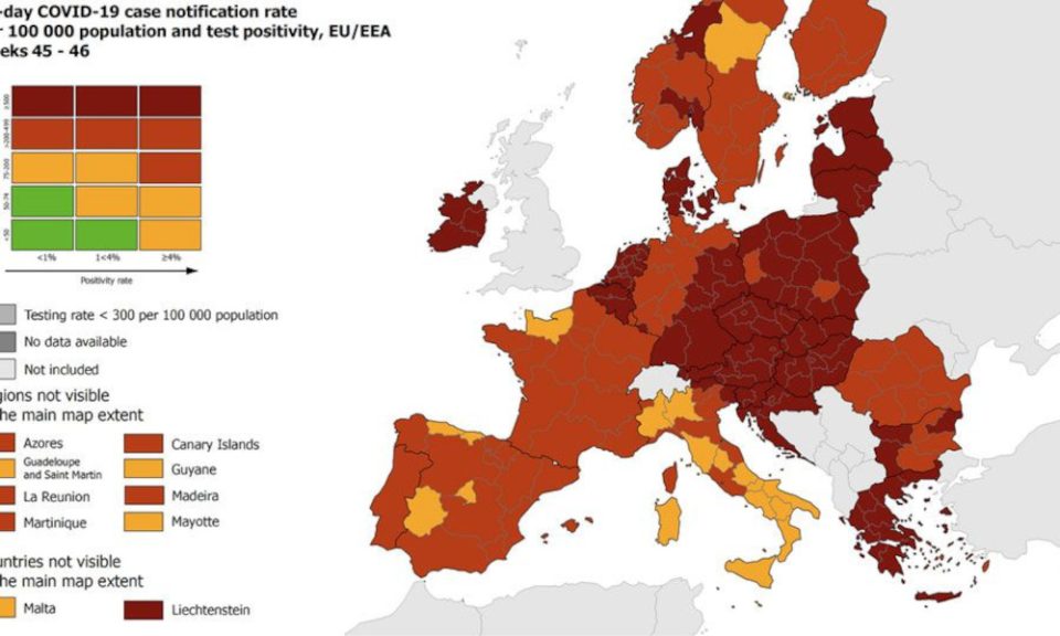 Κορωνοϊός – Τρόμος από τον χάρτη του ECDC: Στο κόκκινο και βαθύ κόκκινο πλέον σχεδόν όλη η ΕΕ – Πού βρίσκεται η Ελλάδα