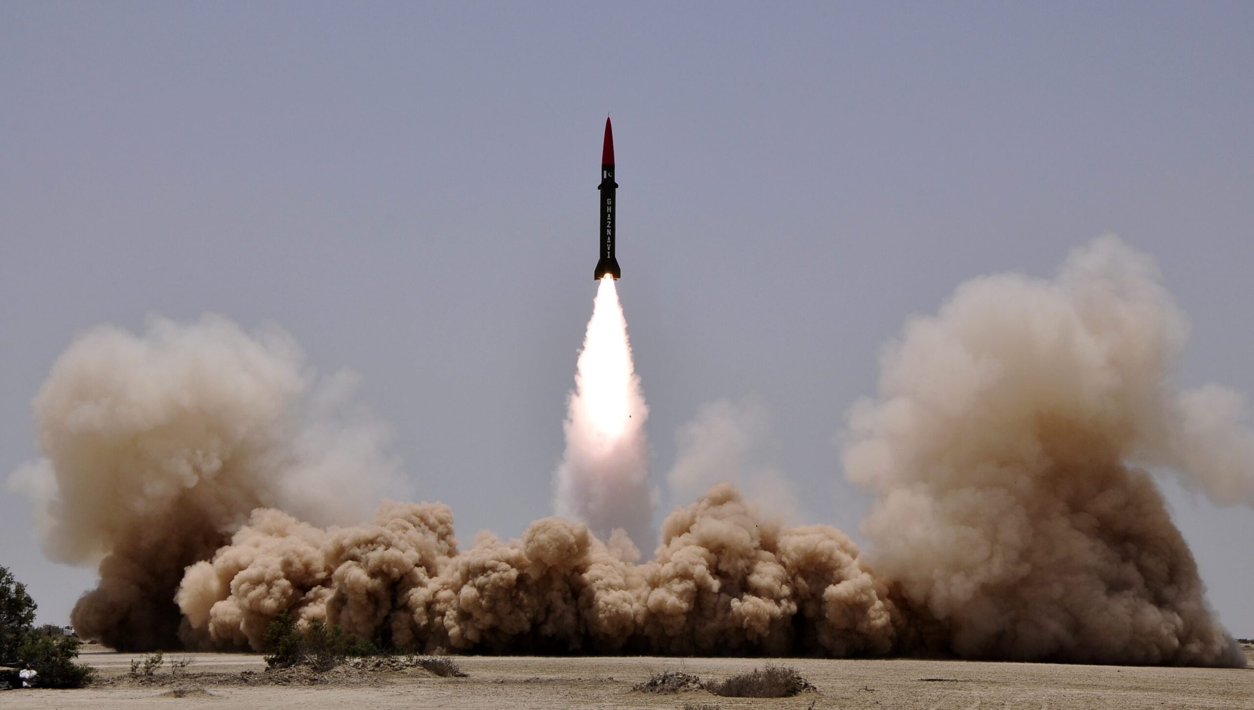 handout picture released by the Pakistani military Inter Services Public Relations (ISPR) on 08 May 2014 shows Pakistan's Hatf-III (Ghaznavi) ballistic missile, capable of carrying nuclear warheads, taking off during a test-firing from an undisclosed location. Pakistan on 08 May 2014, conducted a successful training launch of Short Range Surface to Surface Ballistic Missile Hatf-III (Ghaznavi), capable of carrying nuclear warheads upto a range of 290 kilometers.