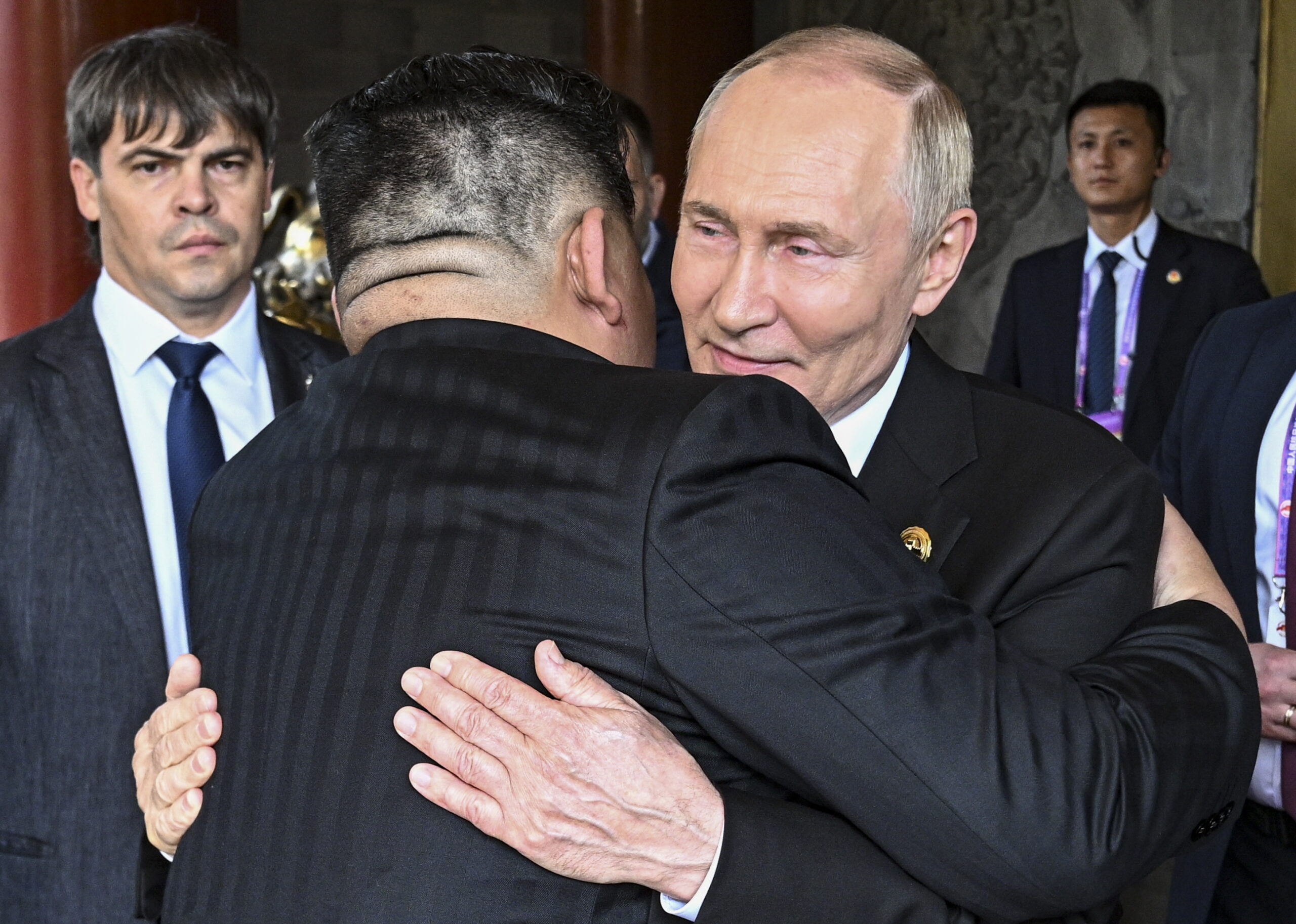 Russian President Vladimir Putin (R) bids farewell to North Korean leader Kim Jong Un following their meeting at the Diaoyutai State Guesthouse, on the occasion of the 80th anniversary of victory in the Chinese People's War of Resistance against Japanese Aggression and the end of World War Two, in Beijing, China, 03 September 2025.