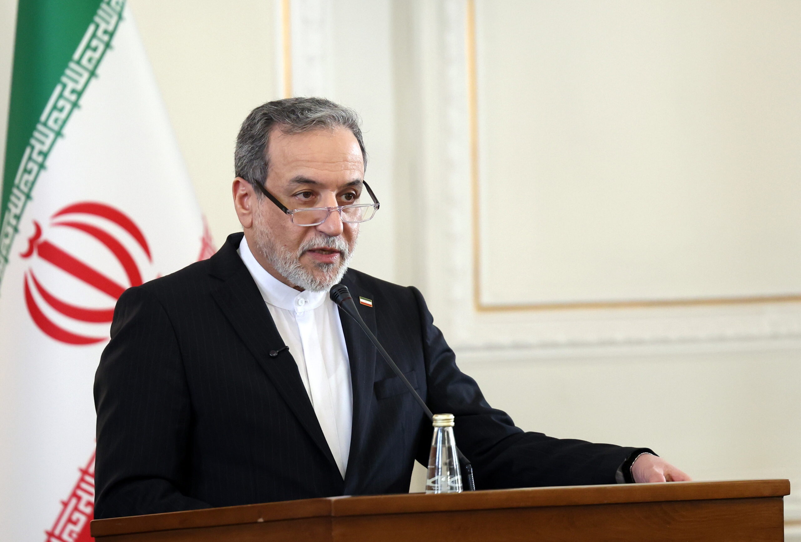 Foreign Minster Abbas Araghchi speaks during a joint press conference with the Iraqi Foreign Minister in Tehran, Iran, 18 January 2026. Hussein is in Tehran to meet with Iranian officials.