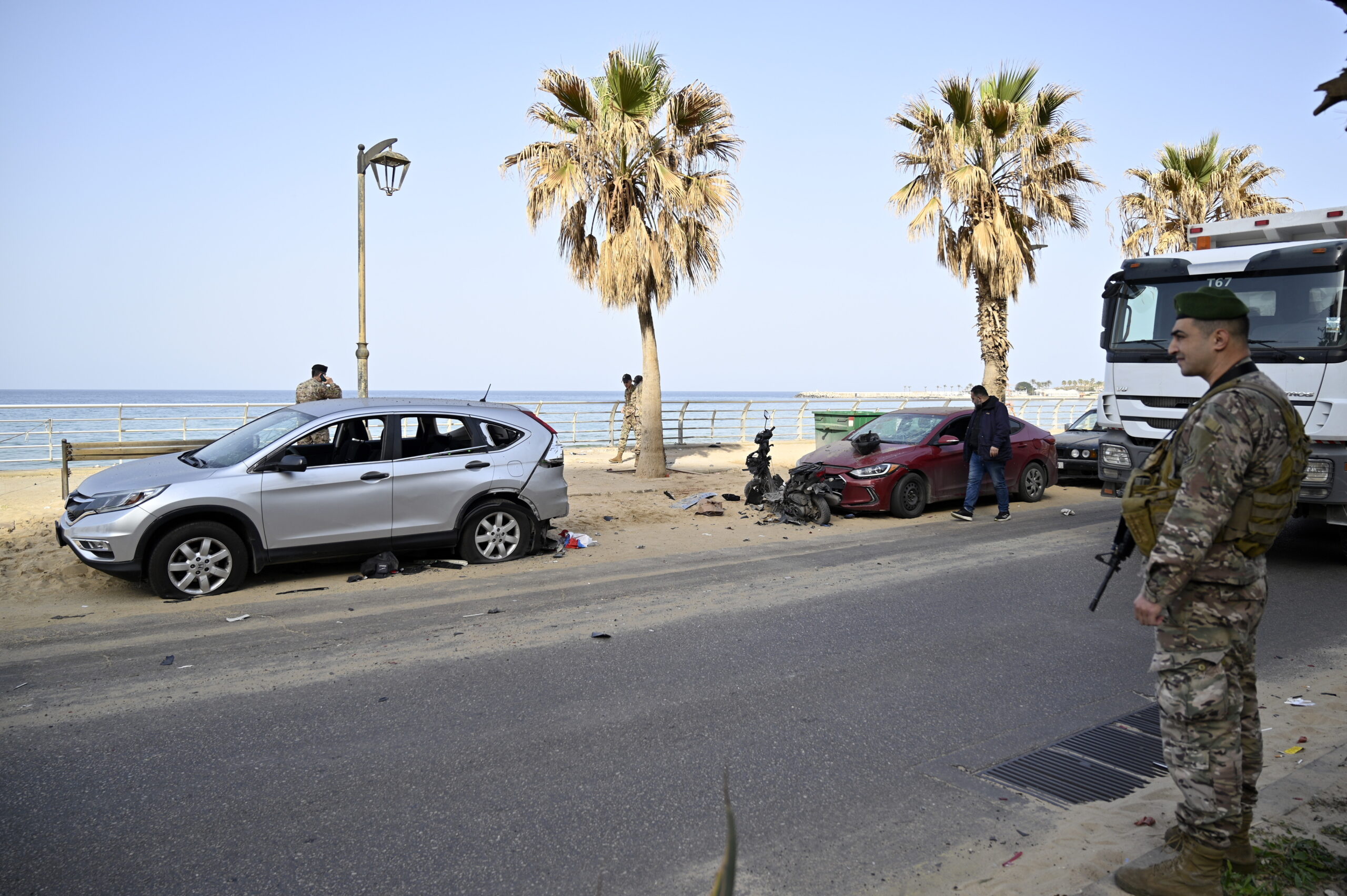 Lebanese army soldiers inspect the site of an Israeli drone strike on Ramlet Al Bayda public beach in Beirut, Lebanon, 12 March 2026. According to the Lebanese Ministry of Public Health, seven people were killed and 21 others injured in an Israeli drone strike on Ramlet Al Bayda in Beirut early on 12 March. More than 640 people have been killed and over 1,600 others injured in airstrikes across Beirut's southern suburbs and villages in southern Lebanon since the start of renewed hostilities. The Israeli military stated it is conducting strikes across the country targeting Hezbollah infrastructure and personnel.