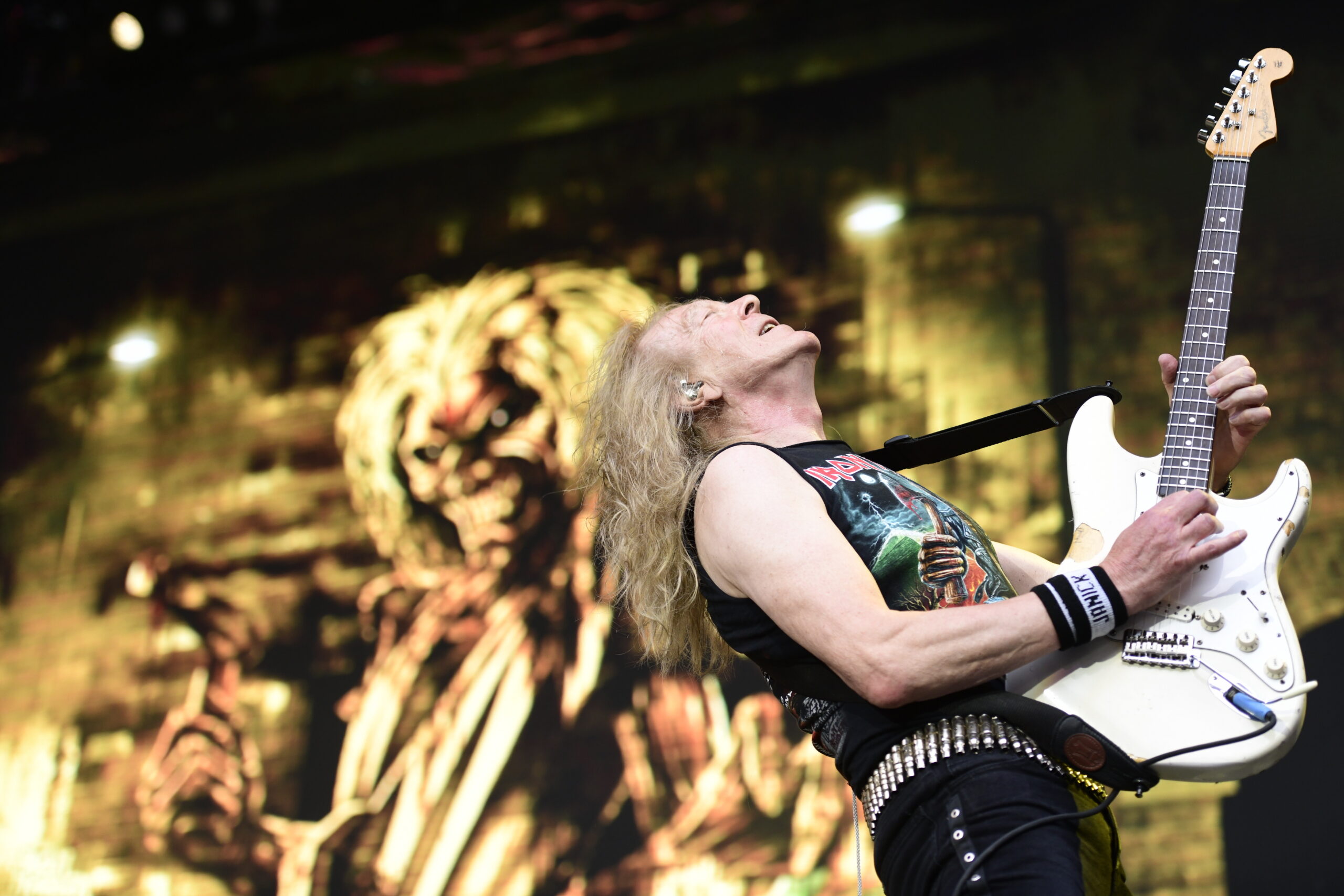 Guitarist Janick Gers of the British Heavy Metal band Iron Maiden performs on stage during their concert in Madrid, Spain, 05 July 2025.