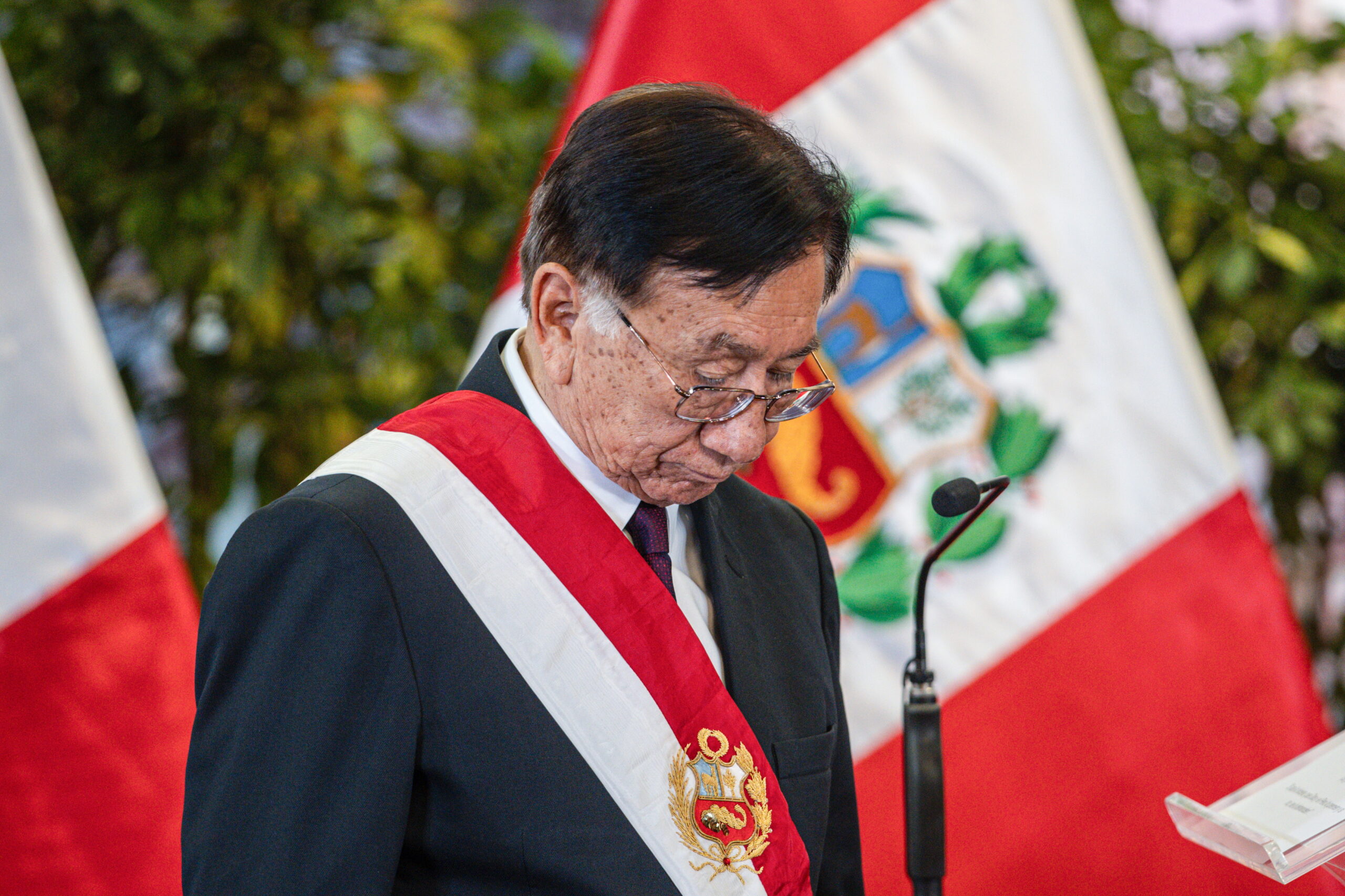 Interim President of Peru, Jose Maria Balcazar, reacts during the swearing-in of Perus new Prime Minister, Luis Arroyo, in Lima, Peru, 17 March 2026. Arroyo had served as Minister of Defense since February 24 in the Cabinet led by Miralles, following the election by Parliament of leftist congressman Balcazar as Perus new interim president, replacing the ousted Jose Jeri.