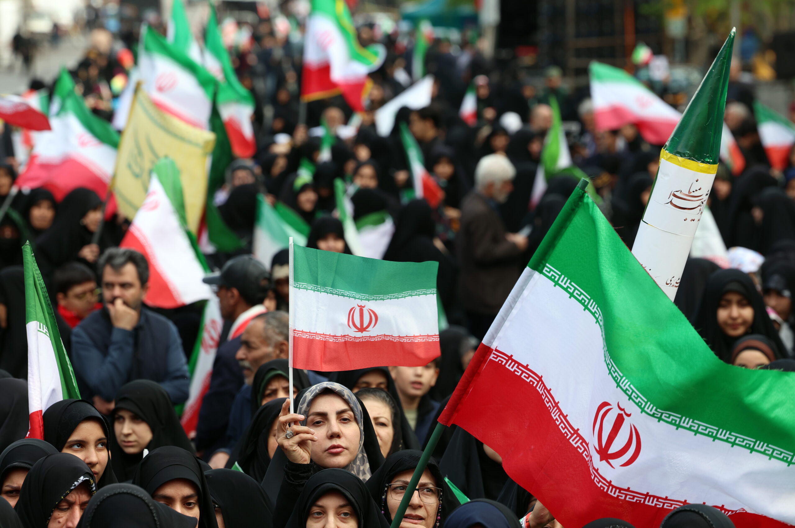 Women take part during a ceremony for the memorial of Minab school children who were killed in an airstrike on 28 February, in Tehran, Iran, 07 April 2026. A joint Israeli and US military operation continues to target multiple locations across Iran since the early hours of 28 February 2026.