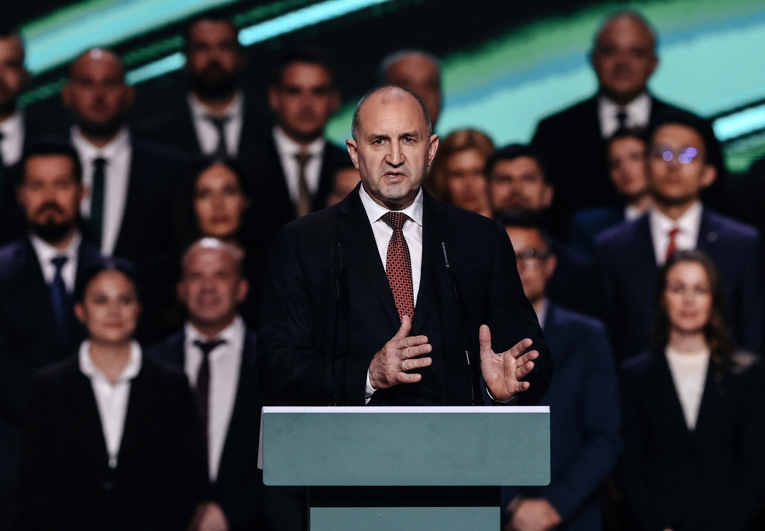Leader of the Progressive Bulgaria (PB) coalition Rumen Radev (C) speaks during an election campaign closing rally in Sofia, Bulgaria, 16 April 2026. Bulgaria heads to its eighth snap parliamentary election in five years on 19 April, triggered by a government resignation following the rejection of the 2026 state budget.