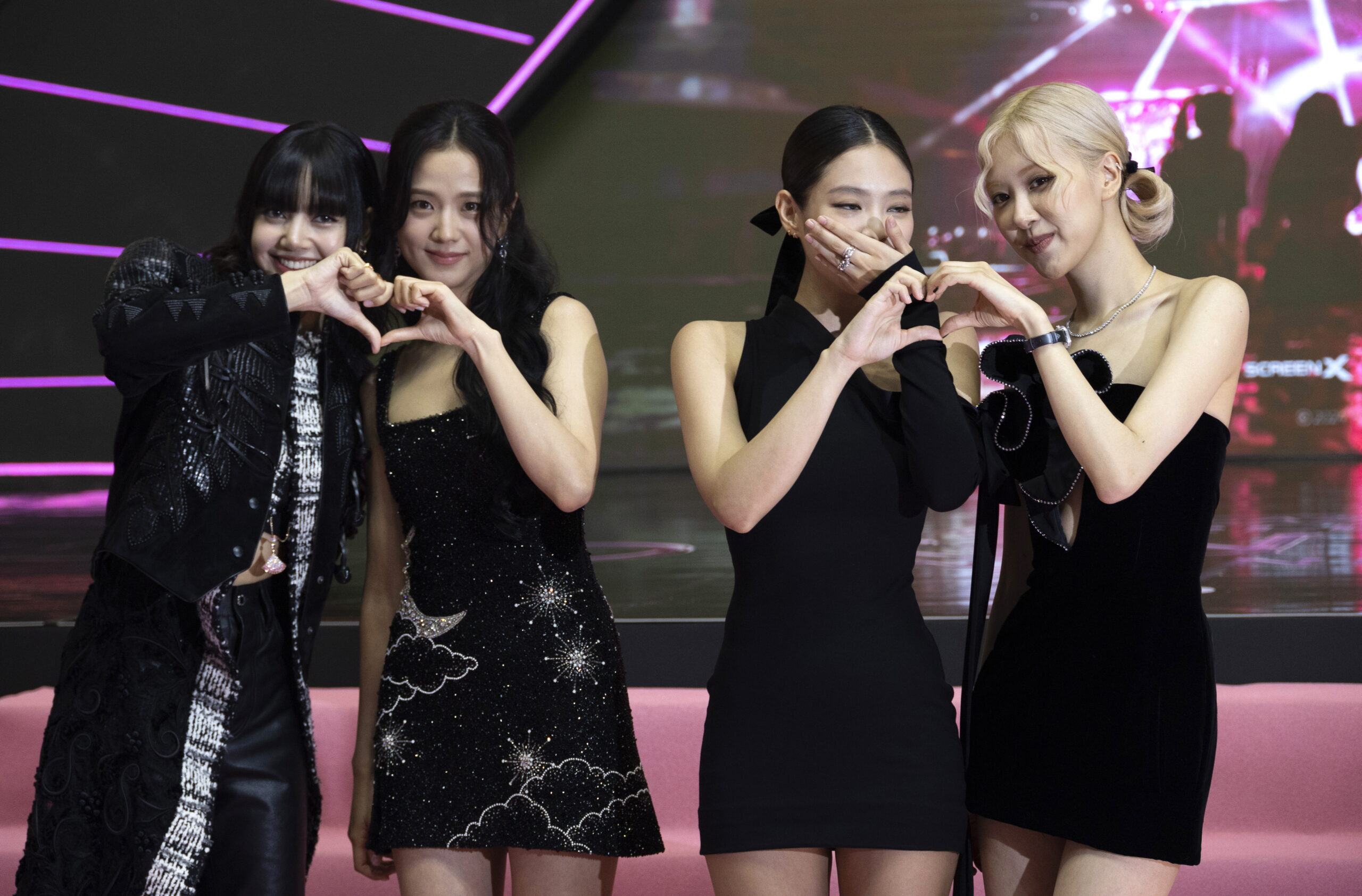(L-R) Lisa, Jisoo, Jennie and Rose, members of South Korean girl group Blackpink, attend the promotion of the Blackpink - World tour (Born Pink) in Cinemas, in Seoul, South Korea, 09 August 2024. The Blackpink - World tour (Born Pink) in Cinemas runs from 31 July in Korea.