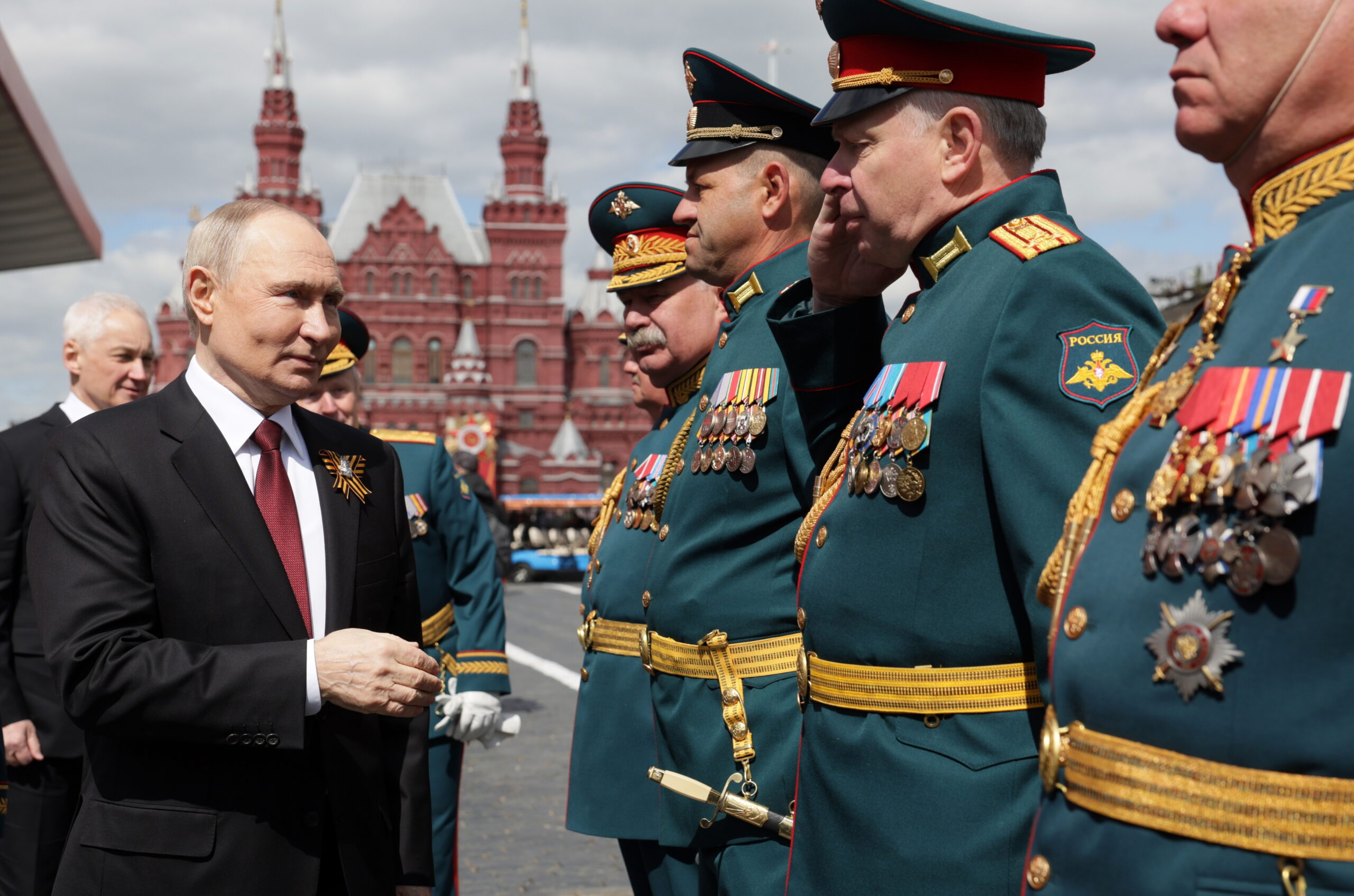 Russian President Vladimir Putin congratulates Russian and foreign servicemen after a military parade on Victory Day, marking the 80th anniversary of victory in the Great Patriotic War, in Moscow, Russia, 09 May 2025. Russia marks the 80th anniversary of the victory in World War II over Nazi Germany and its allies. The Soviet Union lost 27 million people in the war.