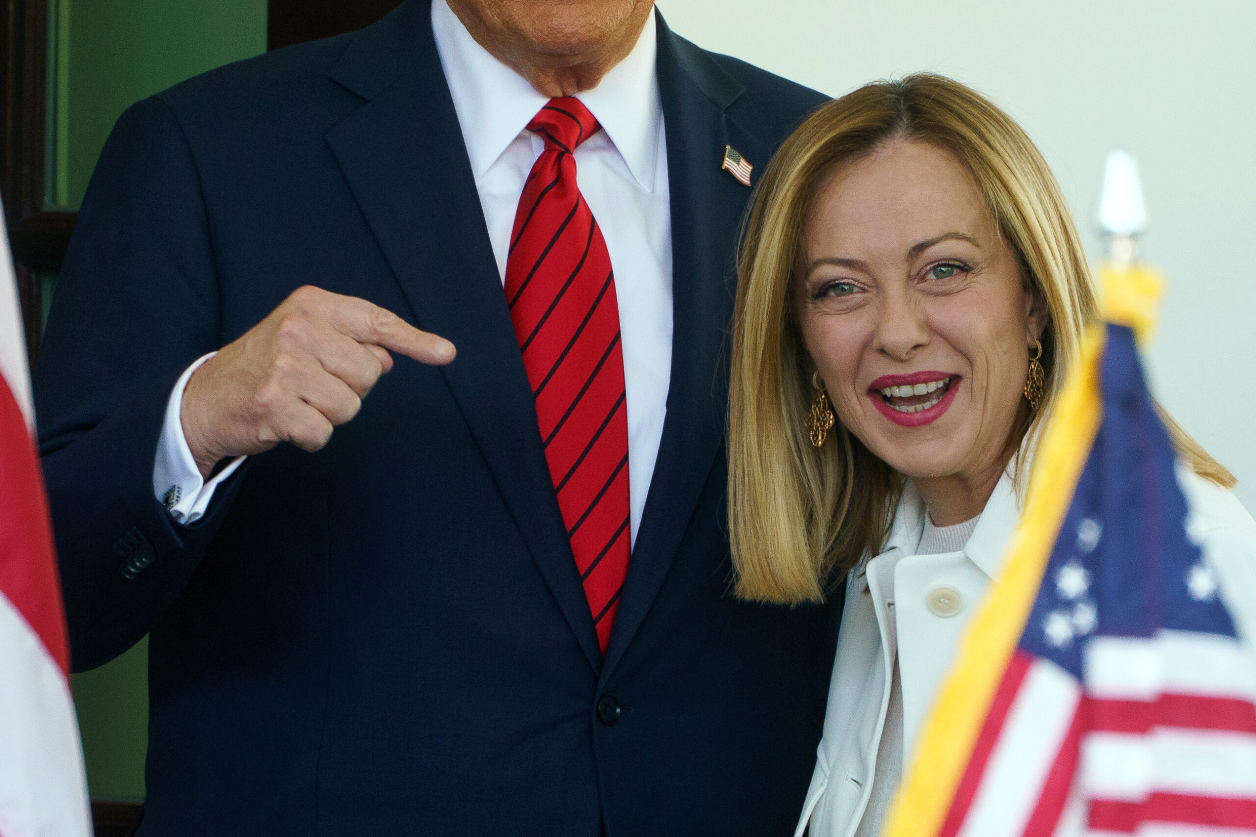 US President Donald Trump (L) greets Italian Prime Minister Giorgia Meloni (R) at the White House, Washington, DC, USA, 17 April 2025.