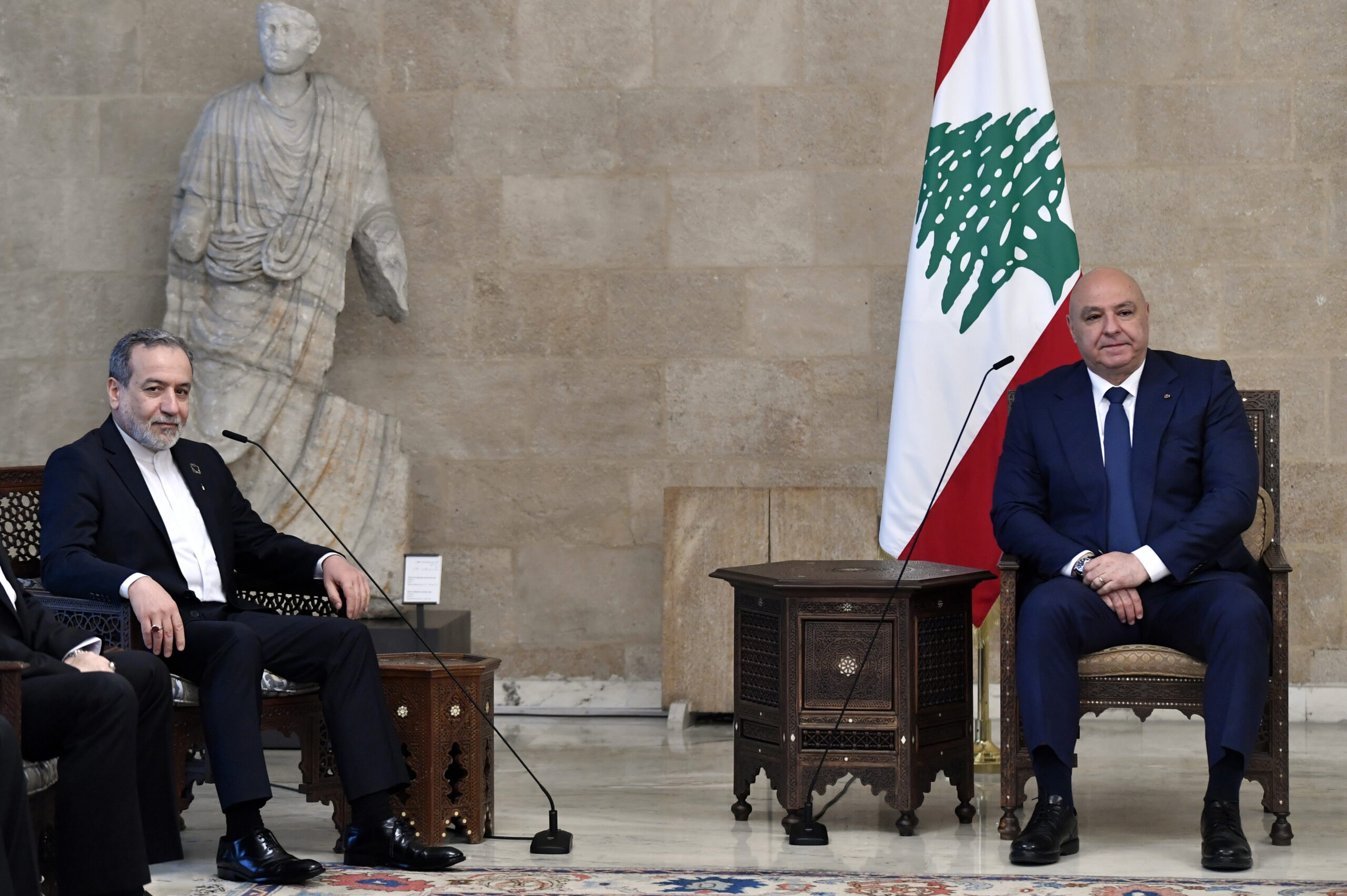 Lebanese President Joseph Aoun (R) and Iranian Foreign Minister Abbas Araghchi (L) meet at the presidential palace in Baabda, near Beirut, Lebanon, 03 June 2025. The Iranian foreign minister is on an official visit to Beirut to hold talks with top Lebanese officials.