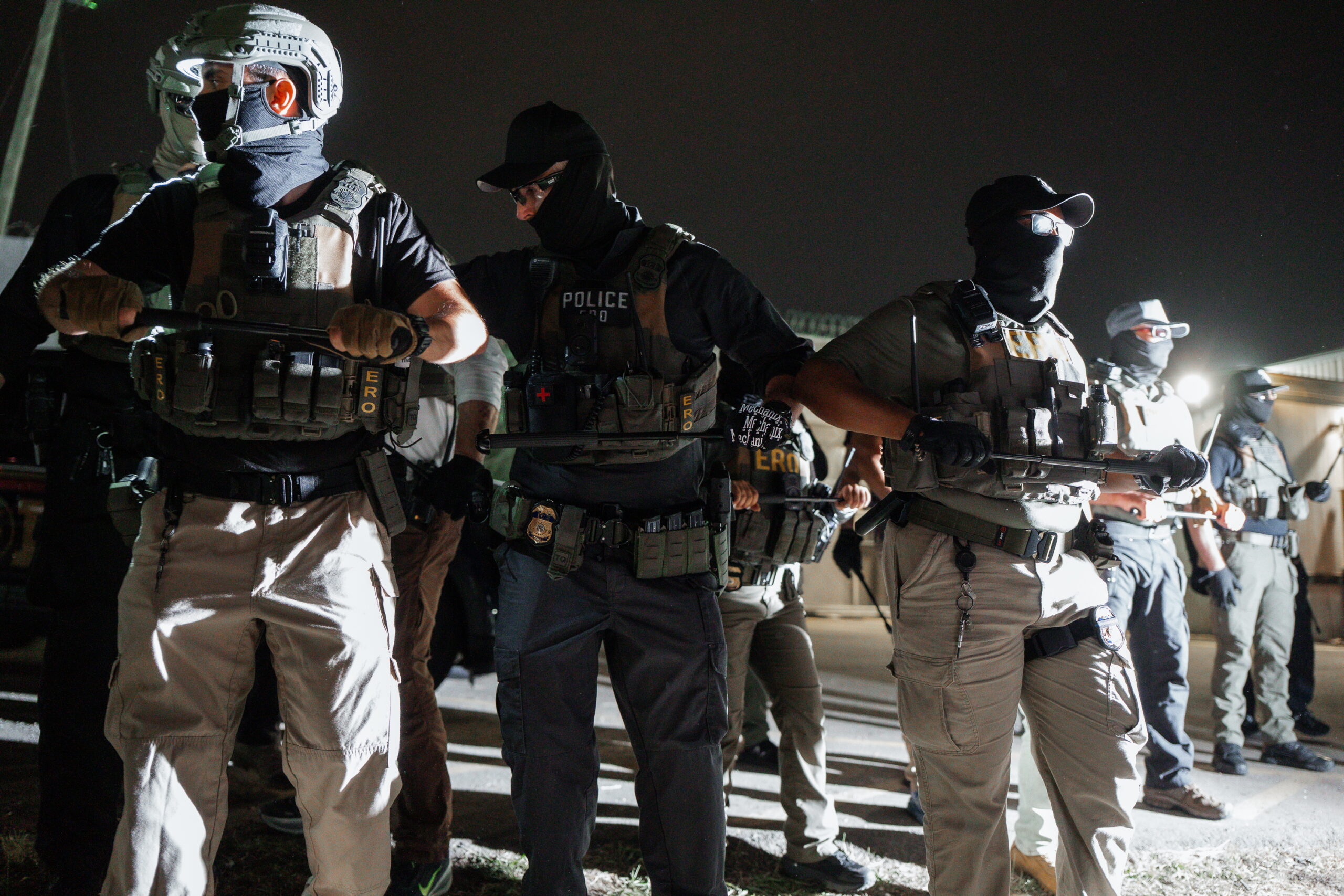 Immigration and Customs Enforcement (ICE) agents take a defensive position during a protest against treatment of immigration detainees at Delaney Hall Detention Facility in Newark, New Jersey, USA, 27 May 2026 (issued 28 May 2026). About 300 detainees at the Delaney Hall immigration facility center signed a letter, beginning a hunger strike over detention conditions since 22 May.