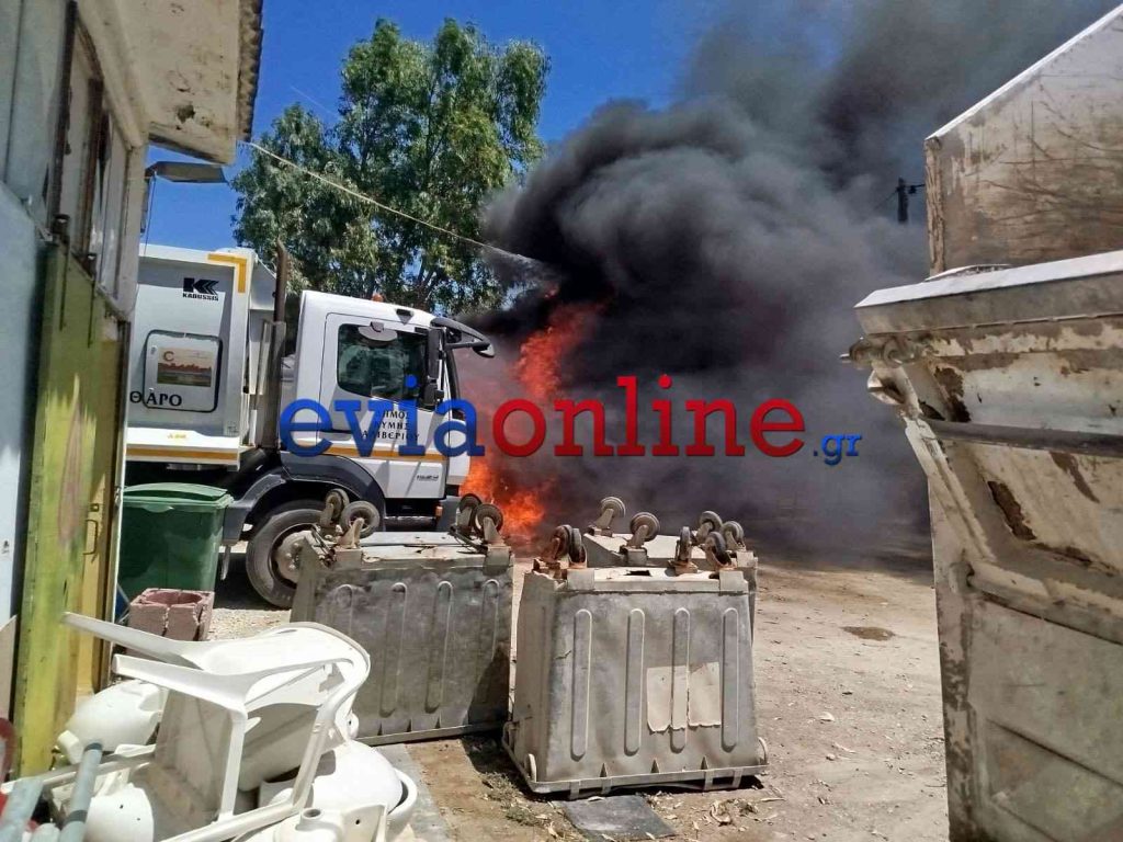 Αλιβέρι: Απορριμματοφόρο «λαμπάδιασε» δίπλα σε σούπερ μάρκετ