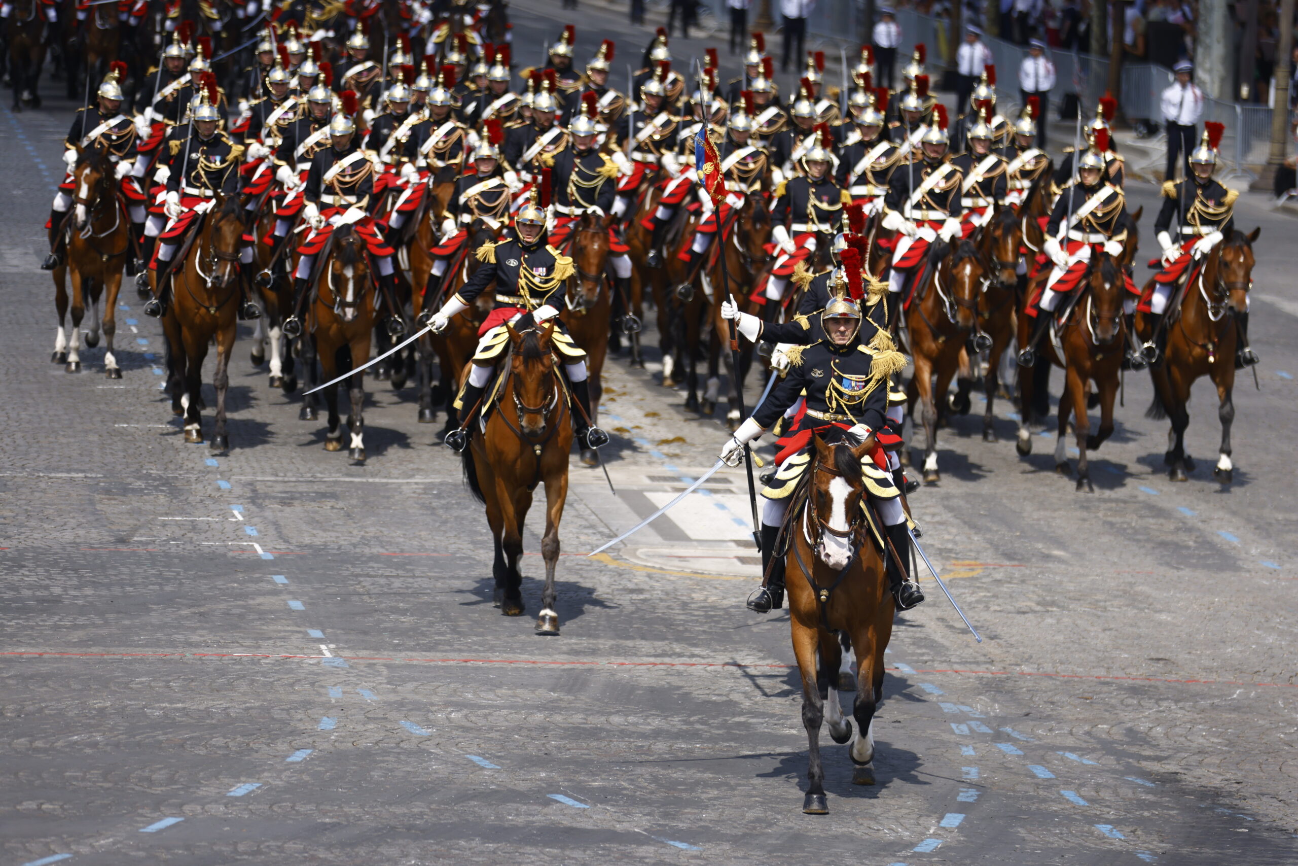 France's mounted Republican Guard parade during the Bastille day celebrations in Paris, France, 14 July 2025. France celebrates its national holiday, or Bastille Day, annually on 14 July to commemorate the storming of the Bastille fortress in 1789.