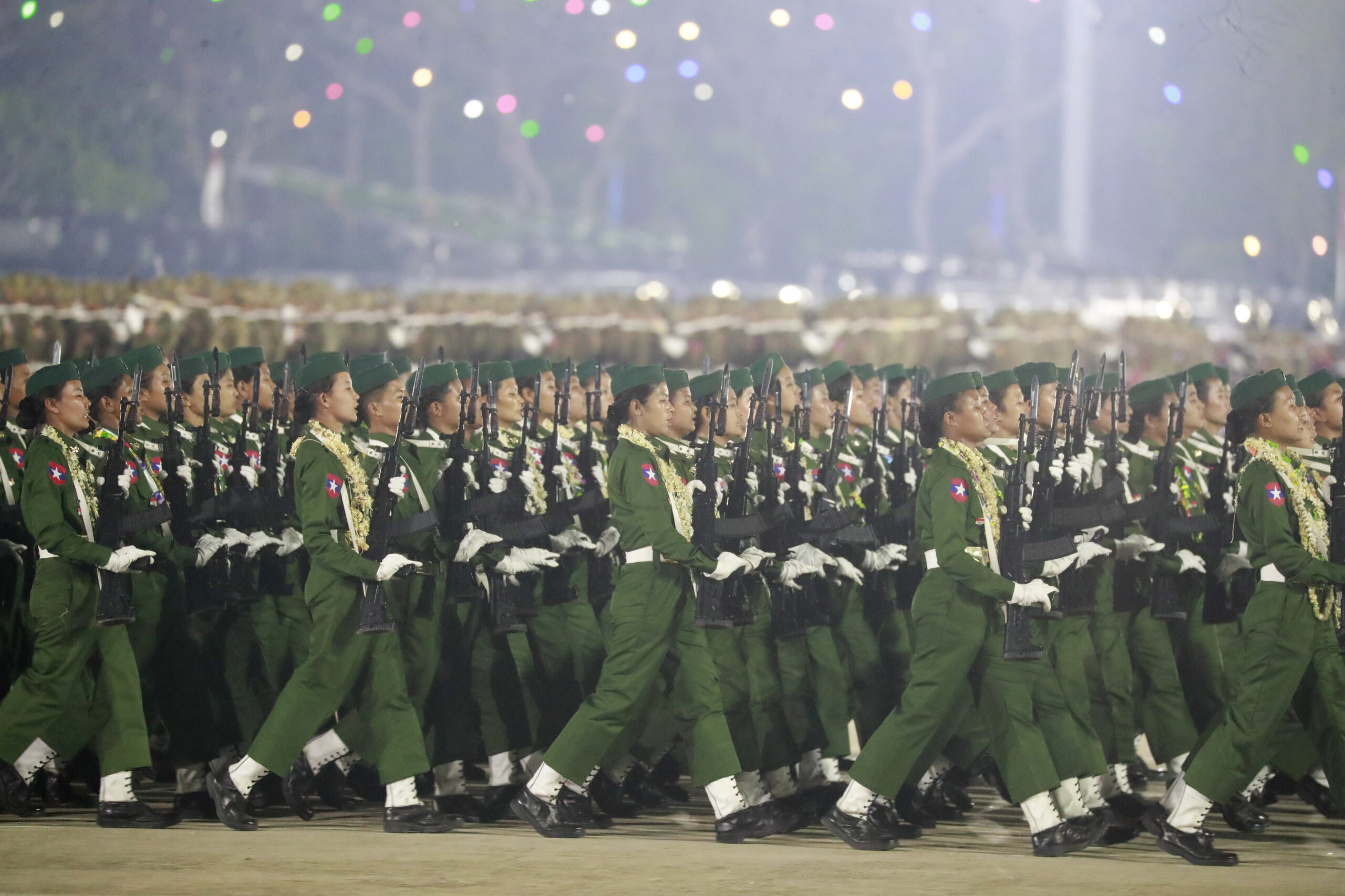 Myanmar female soldiers march during a parade commemorating the 81st Armed Forces Day in Naypyidaw, Myanmar, 27 March 2026.
