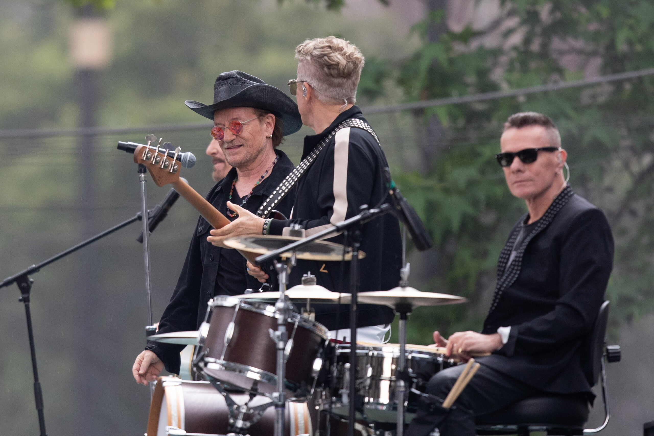 U2 members Bono, Adam Clayton, and Larry Mullen Jr. film the music video for the song 'Street of Dreams' in Mexico Citys Historic Center in Mexico City, Mexico, 12 May 2026.