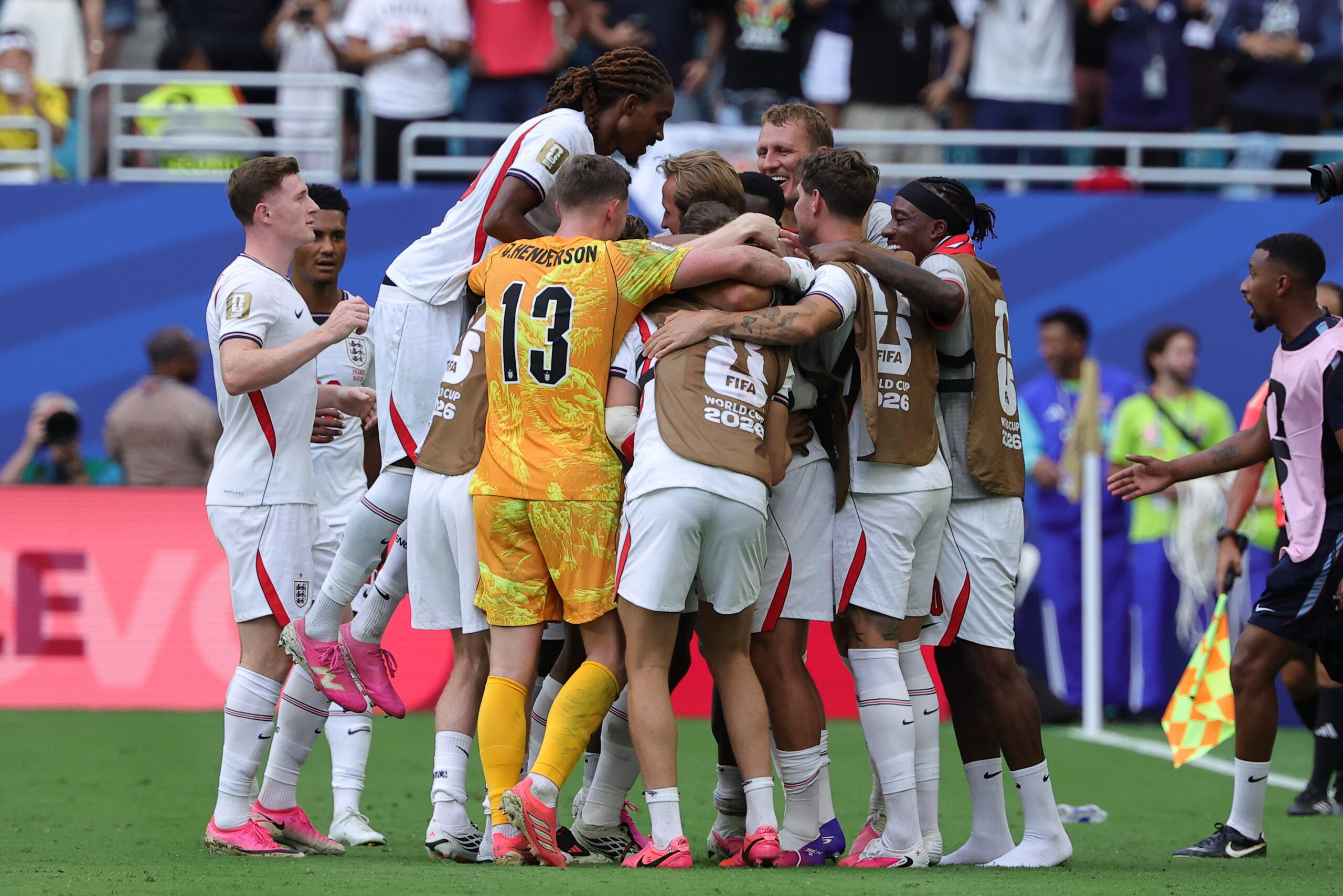 layers of England celebrate the 4-6 goal during the FIFA World Cup 2026 3rd place playoff match France against England, in Miami, Florida, USA, 18 July 2026.