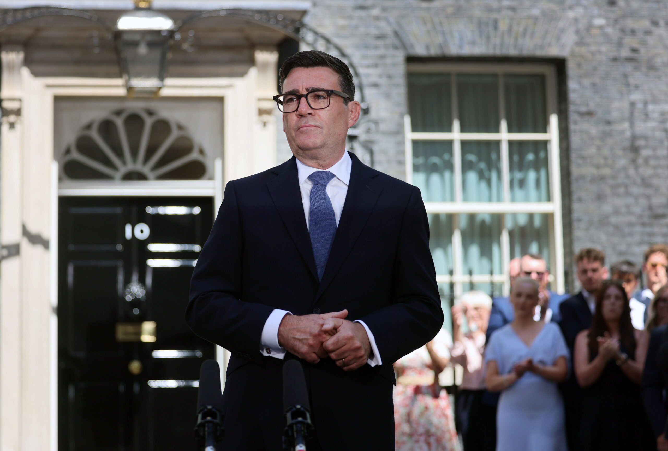 New British Prime Minister Andy Burnham delivers a speech outside 10 Downing Street in London, Britain, 20 July 2026. Burnham became British Prime Minister after Keir Starmer resigned.