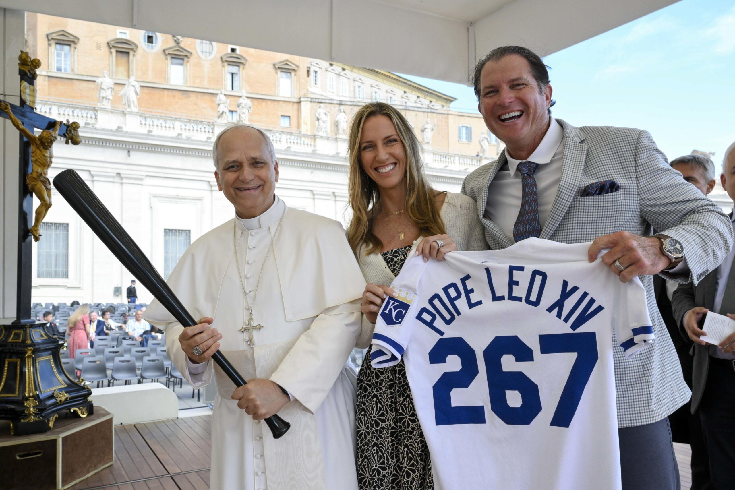 epa12420128 A handout photo made available by the Vatican Media of Pope Leo XIV receiving a shirt of the Major League Baseball team Kansas City Royals during his weekly General Audience in St. Peter's Square, in Vatican City, 01 October 2025.