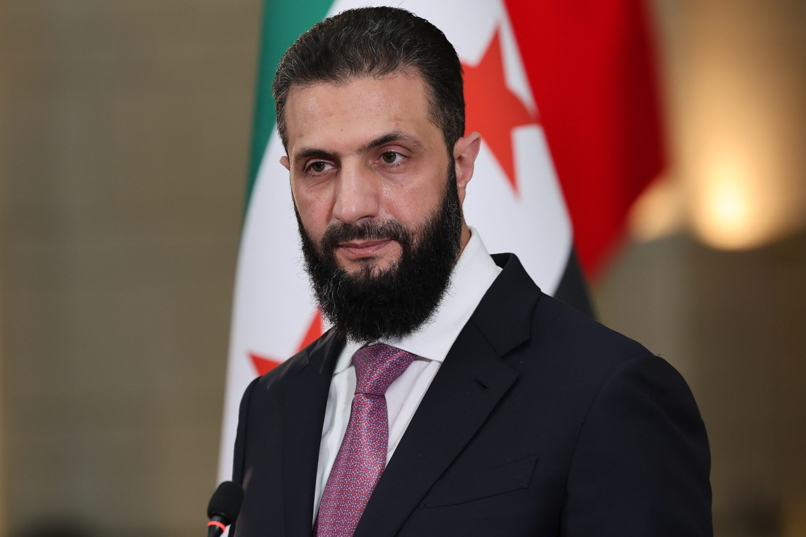 epa13095032 Syrian president Ahmad al-Sharaa during a joint press conference with the French president at the Presidential Palace in Damascus, Syria 07 July 2026. The French president is the first head of state from a European Union country to visit Syria since the fall of the Assad regime.