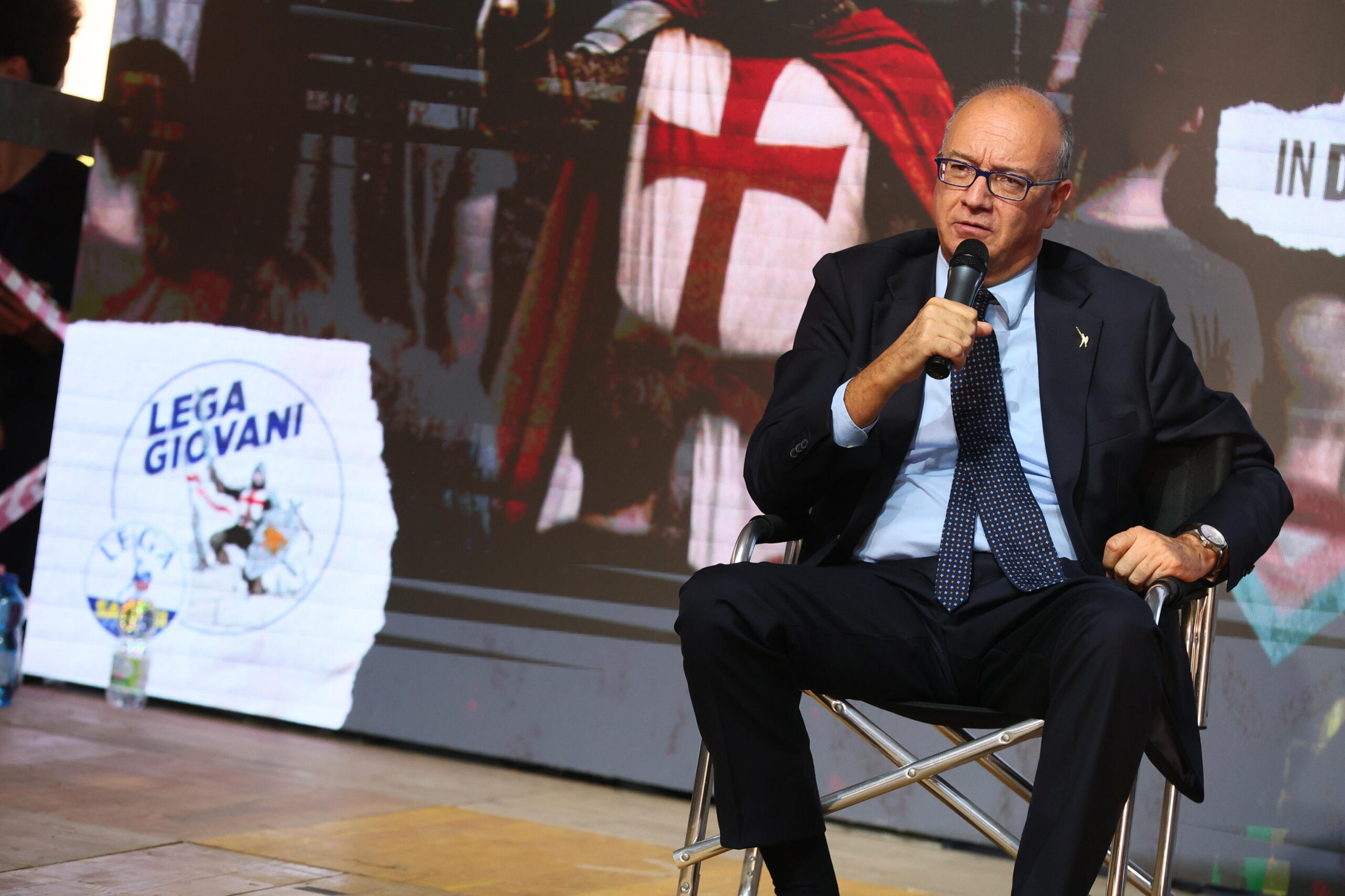 epa12393365 Italian Minister of Education and Merit Giuseppe Valditara speaks during the traditional Lega Giovani party rally in Pontida, Italy, 20 September 2025.