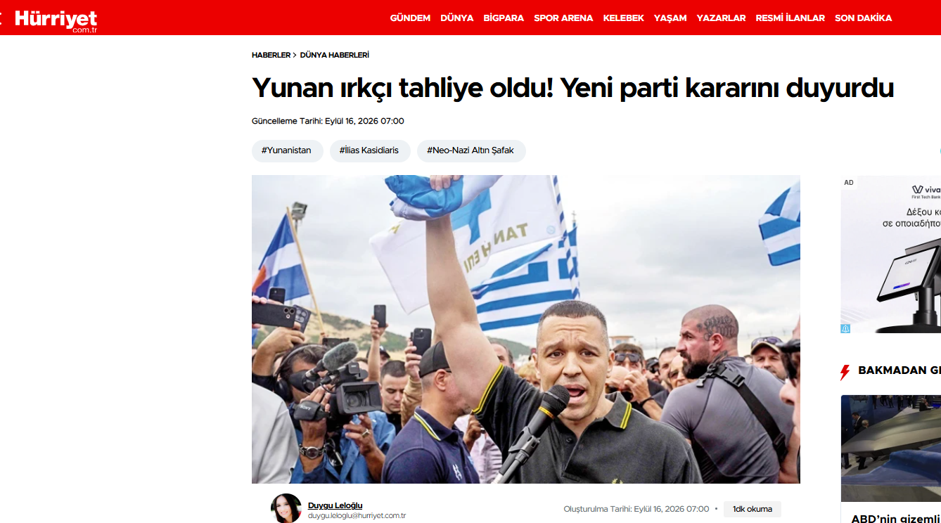 Πώς παρουσιάζει την επιστροφή Κασιδιάρη ο τουρκικός Τύπος – Η ανησυχία για τις σχέσεις Ελλάδας-Τουρκίας