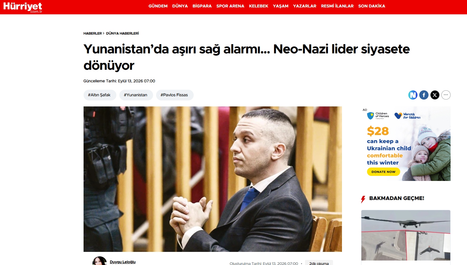 Hurriyet: Ο ηγέτης των νεοναζί επιστρέφει στην πολιτική – Ο Κασιδιάρης μπορεί να σπρώξει τη ΝΔ σε πιο εθνικιστική ρητορική
