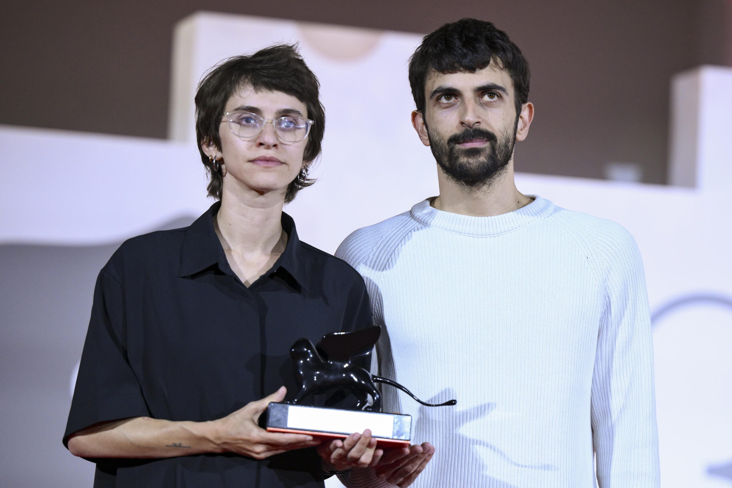 epa13235331 Israeli directors Rachel Szor (L) and Yuval Abraham hold the Special Jury Prize for their film 'NAZA' during the closing ceremony of the 83rd annual Venice International Film Festival in Venice, Italy, 12 September 2026. The 83rd edition of the festival runs from 02 to 12 September 2026.