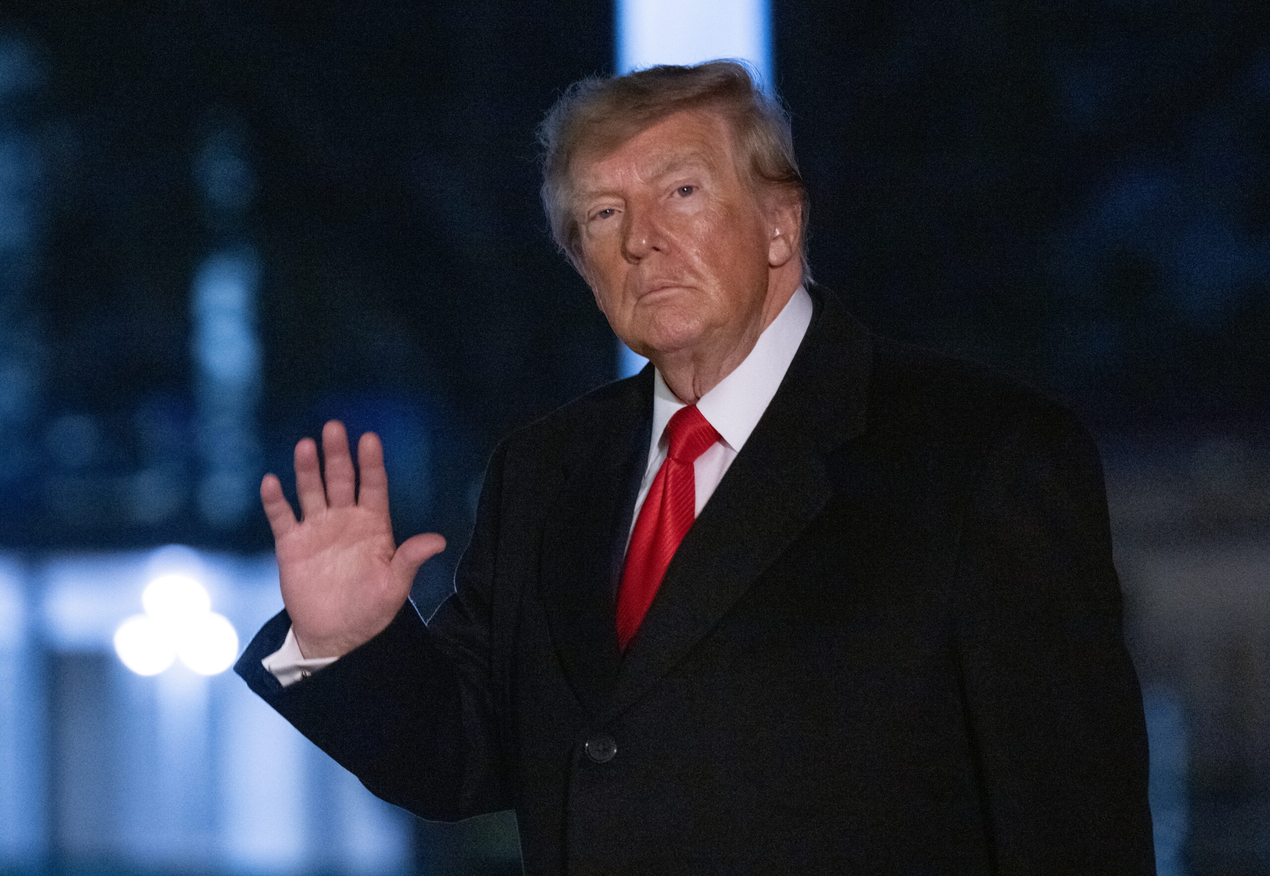epa13295554 United States President Donald Trump waves as he walks to the residence on the South Lawn of the White House in Washington, DC, USA, 10 October 2026. Trump is travelled to Clarksville, Tennessee, to attend a campaign rally in support of Republican candidates running in the November elections.