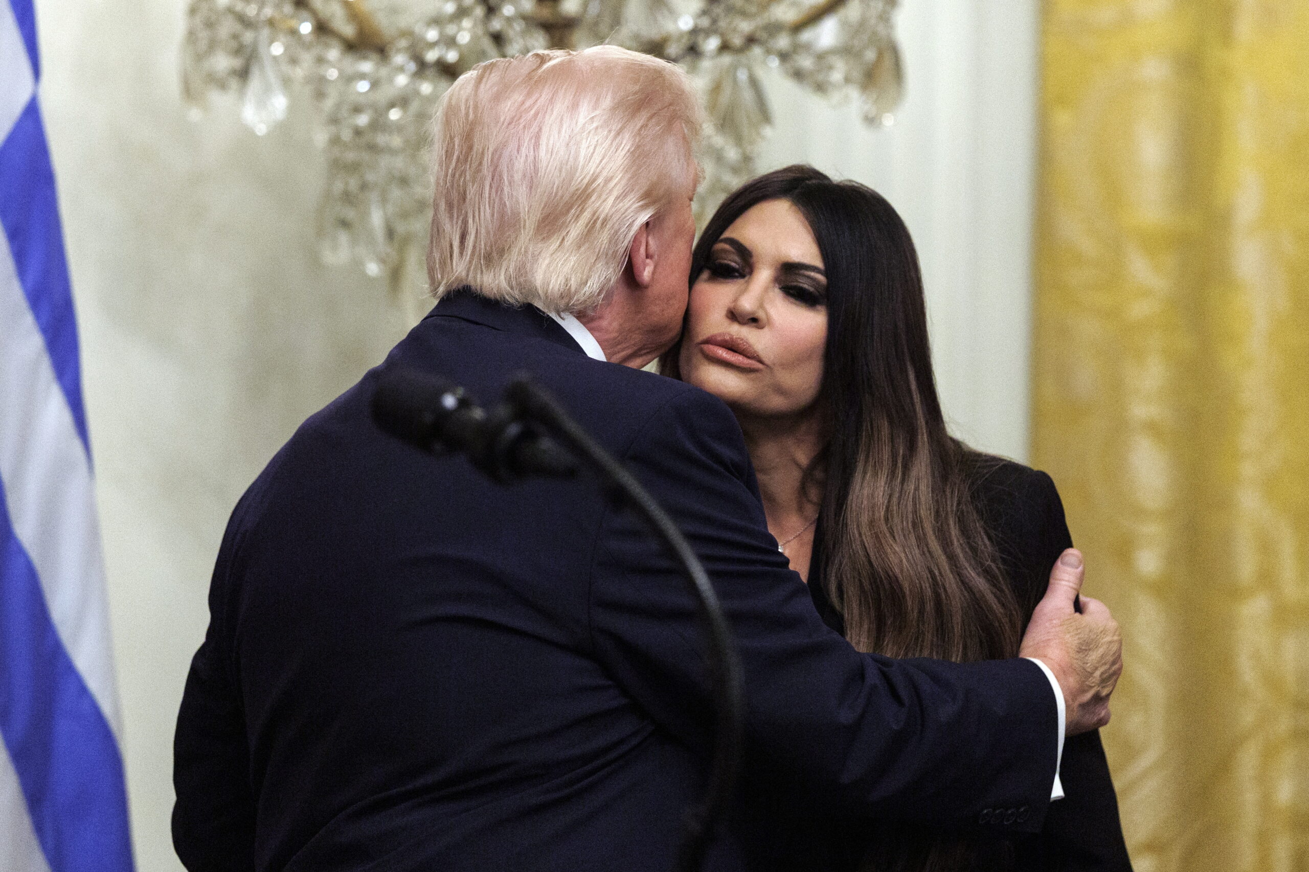 epa13300463 (FILE) - US President Donald Trump (L) greets US Ambassador to Greece Kimberly Guilfoyle during a Greek Independence Day celebration in the East Room of the White House in Washington, DC, USA, 26 March 2026 (re-issued 13 October 2026). White House press secretary Zackaria on 13 October 2026 said the administration has asked the US ambassador to Greece Kimberly Guilfoyle to resign.